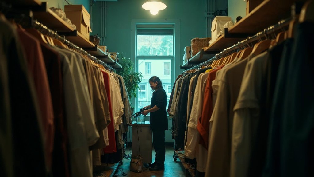 A boutique owner steaming garments in a narrow shop stockroom at opening time, photographed in San Francisco