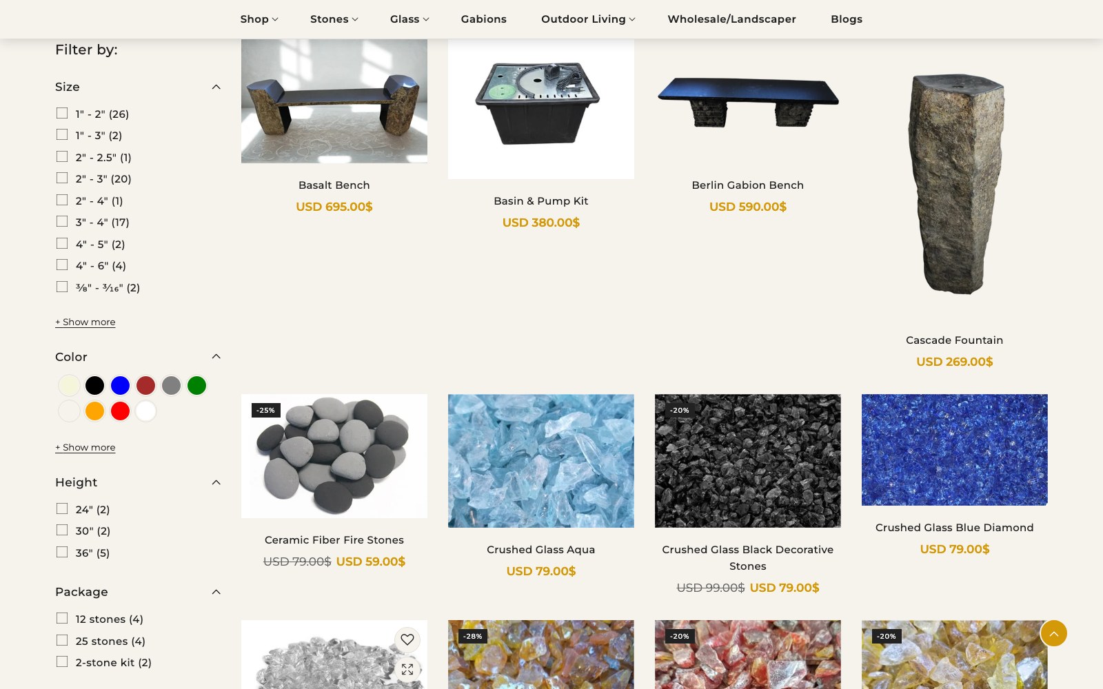 Shop page with the faceted size, colour and package filter rail