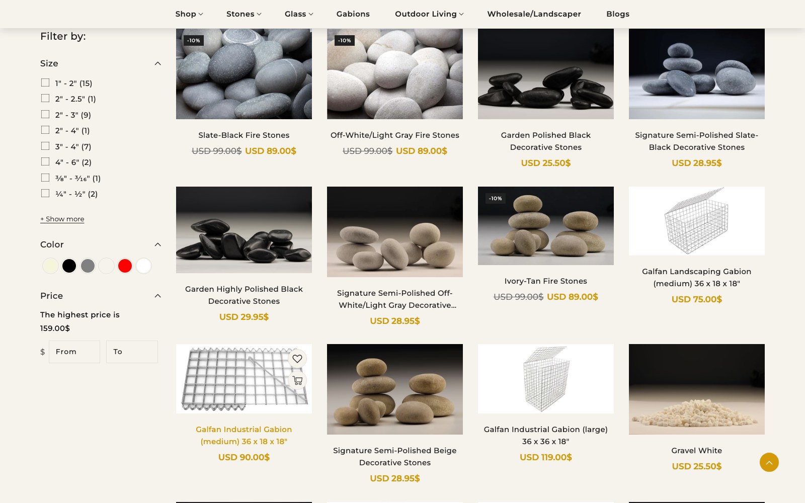 Gabion baskets and cages product grid on the Stone Decorative store