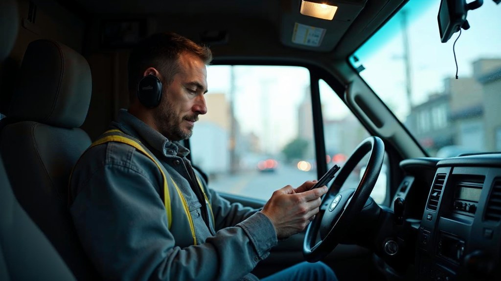 A contractor sitting in the cab of a work van reviewing a phone before driving off, photographed in San Francisco