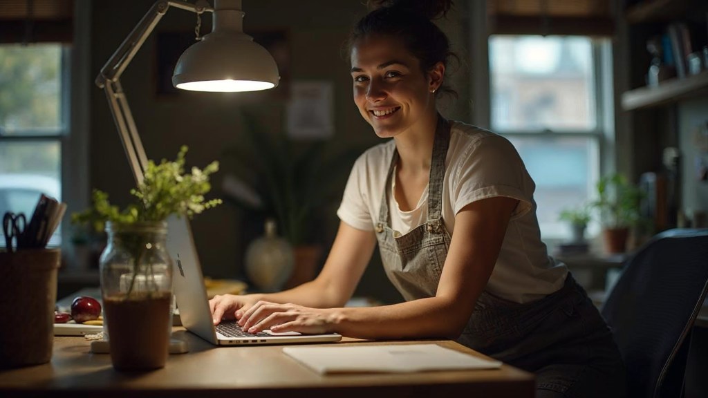 A small-business owner in an apron leaning over a laptop on a cluttered back-office desk late in the day, photographed in San Francisco