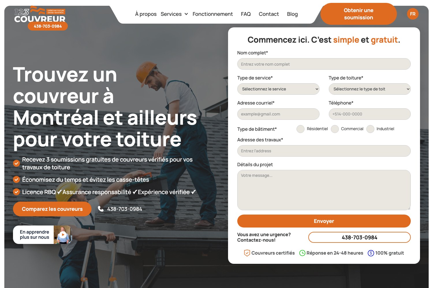 123Couvreur homepage hero: free roofing quote request form beside the promise of three verified quotes