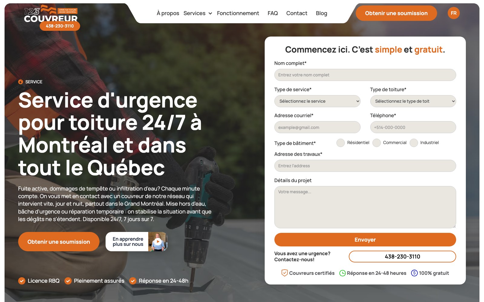 123Couvreur 24/7 emergency roofing page hero with its own quote form
