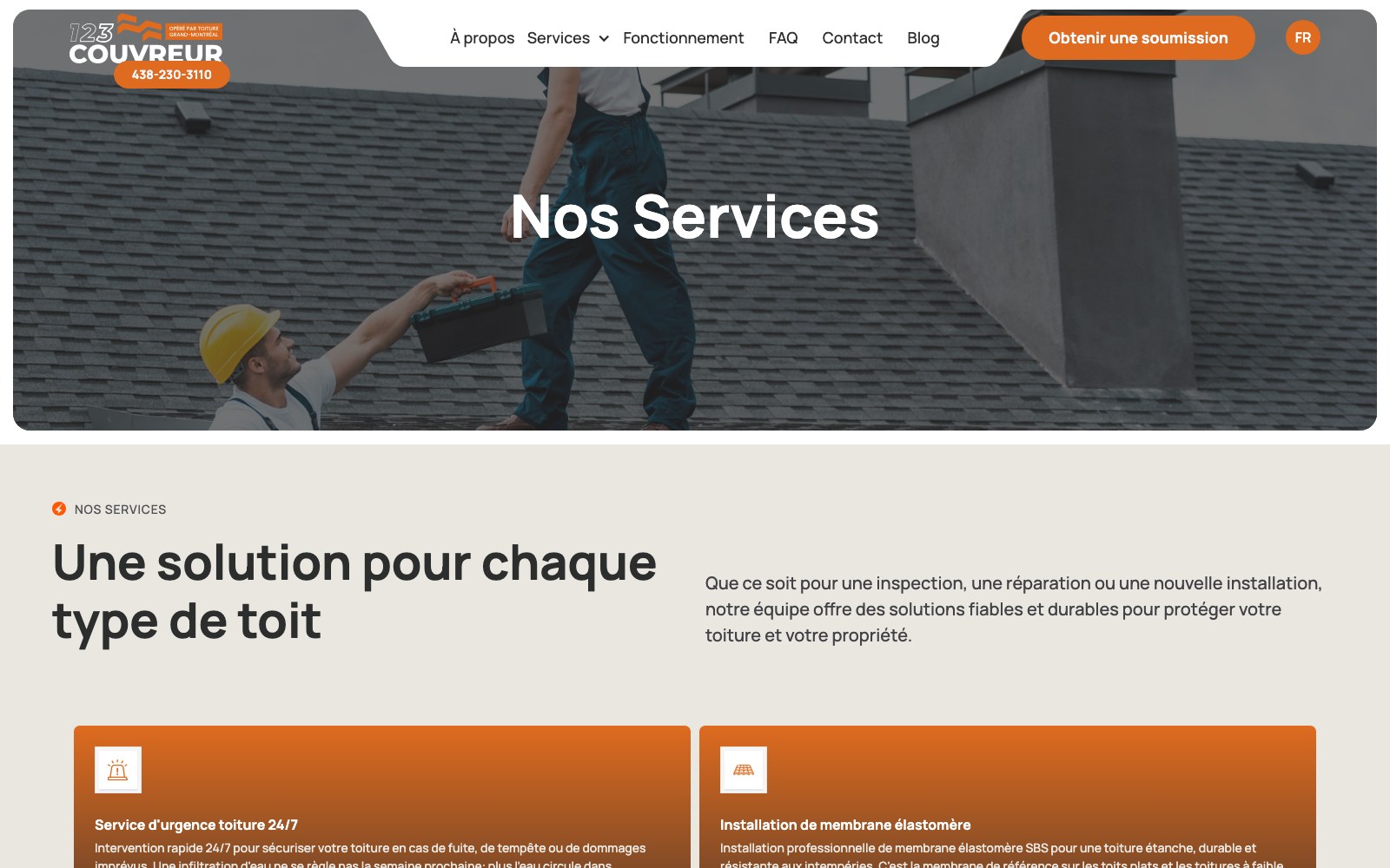123Couvreur Nos Services page header over a roof photograph