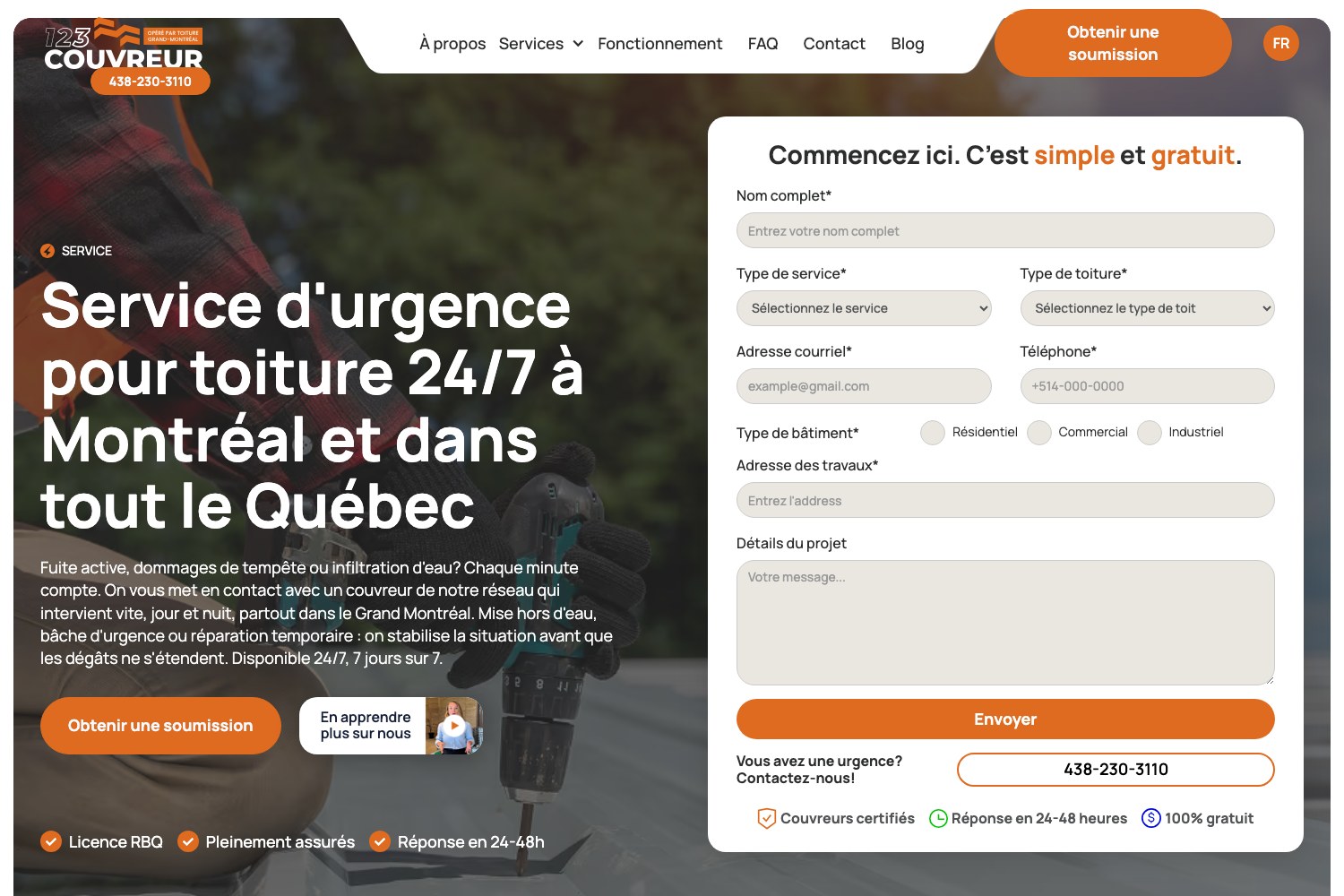 123Couvreur emergency roofing page: Service d'urgence pour toiture 24/7 a Montreal