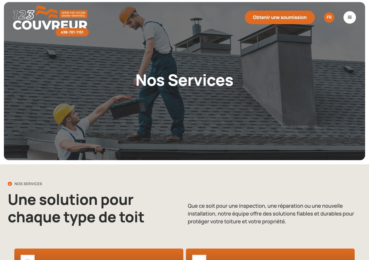 123Couvreur services page header and Une solution pour chaque type de toit intro