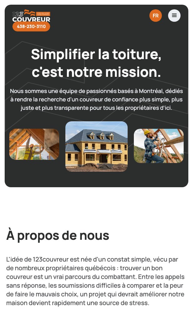 123Couvreur mobile mission section with roofing photographs