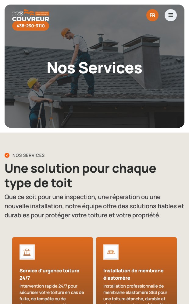 123Couvreur mobile services list with emergency and membrane cards