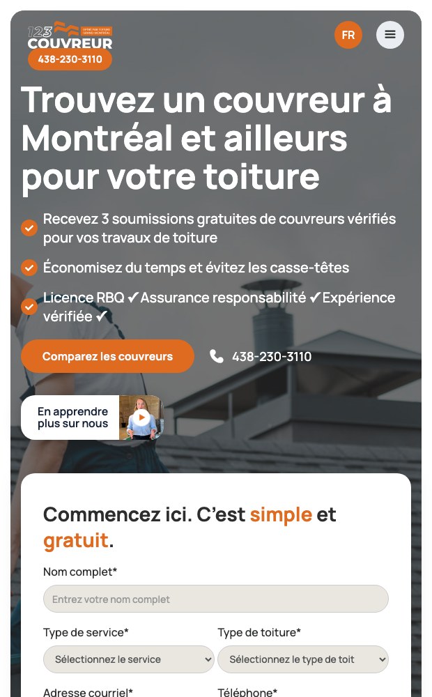 123Couvreur mobile homepage hero with the three-quote promise