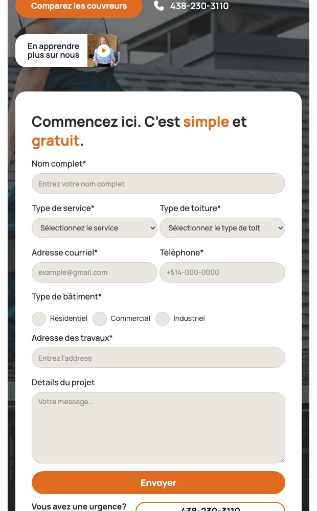 123Couvreur mobile quote form fields