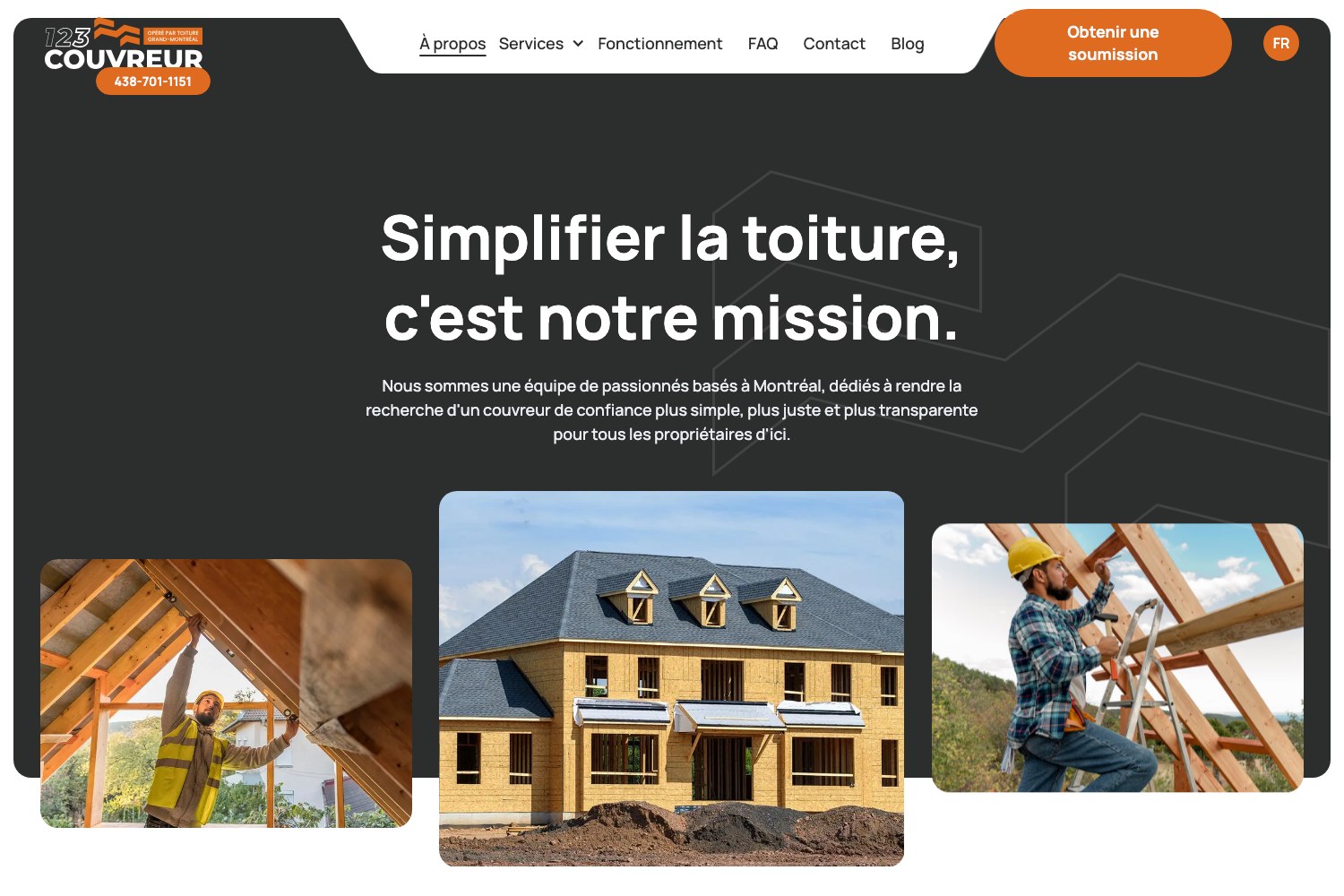 123Couvreur mission section: Simplifier la toiture, c'est notre mission, with roofing project photography