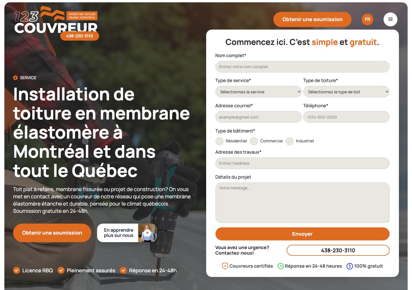 123Couvreur elastomeric membrane roofing service page with quote form