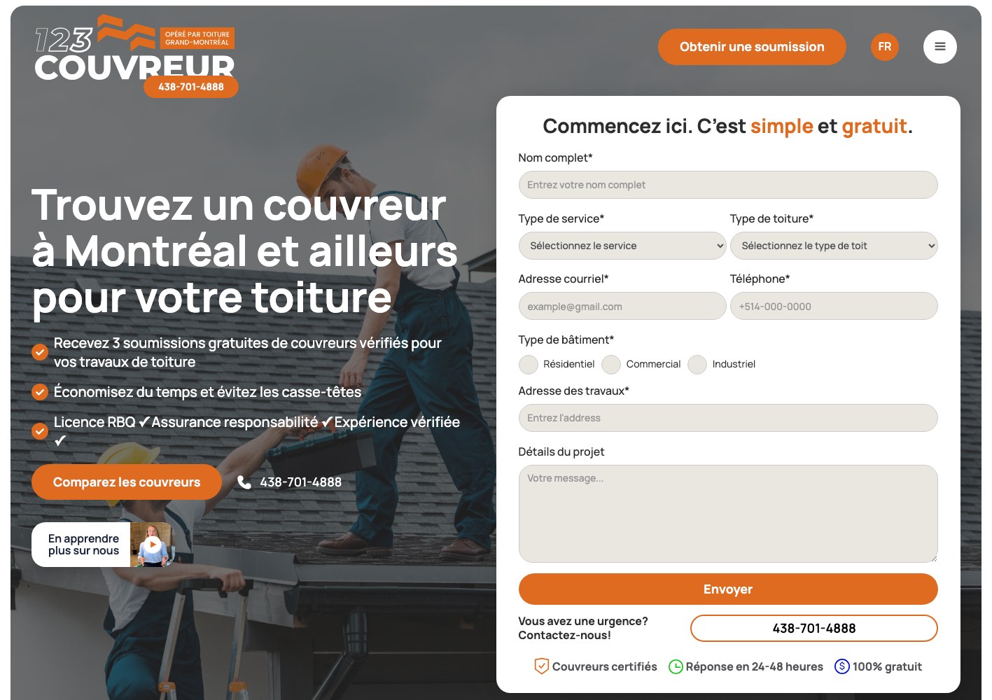 123Couvreur homepage quote form: service type, roof type, address and project details