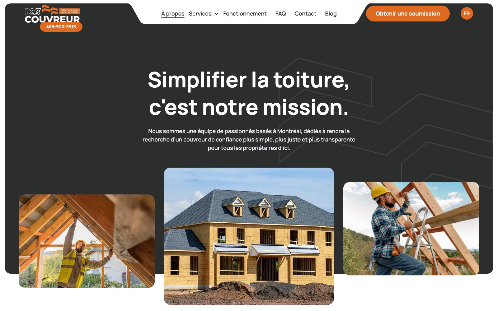 123Couvreur homepage mission band with three roofing photographs