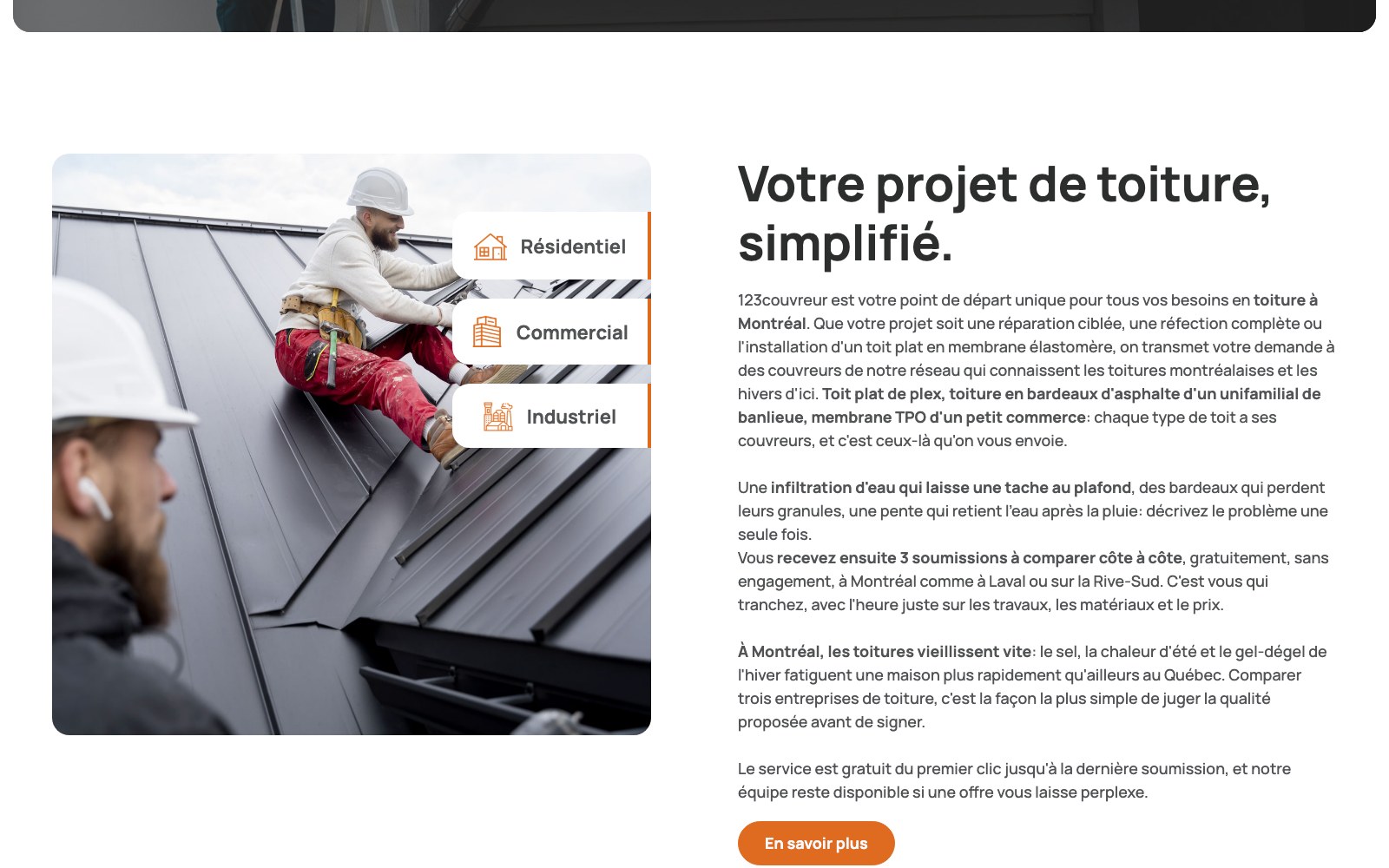 123Couvreur homepage: Votre projet de toiture, simplifie, with residential, commercial and industrial options