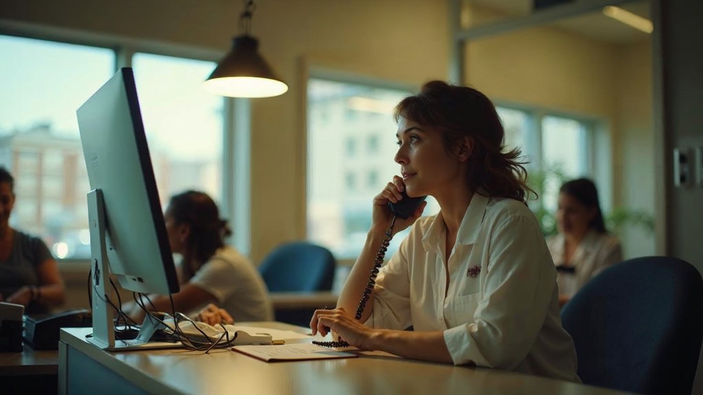A clinic receptionist taking a phone call at a busy front desk with patients waiting, photographed in San Francisco