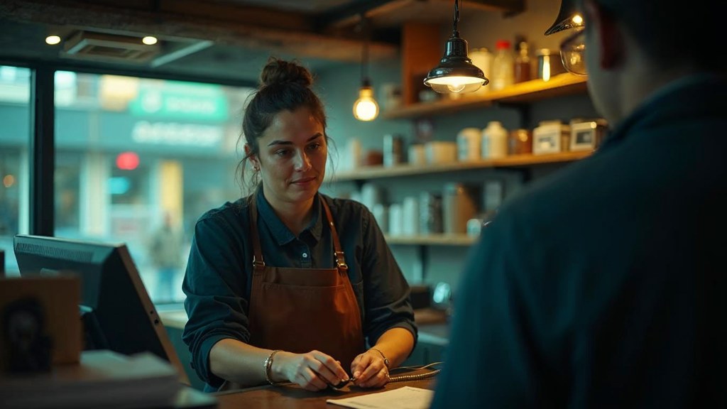 A shop manager standing behind the counter checking a phone while a customer waits at the till, photographed in Montreal