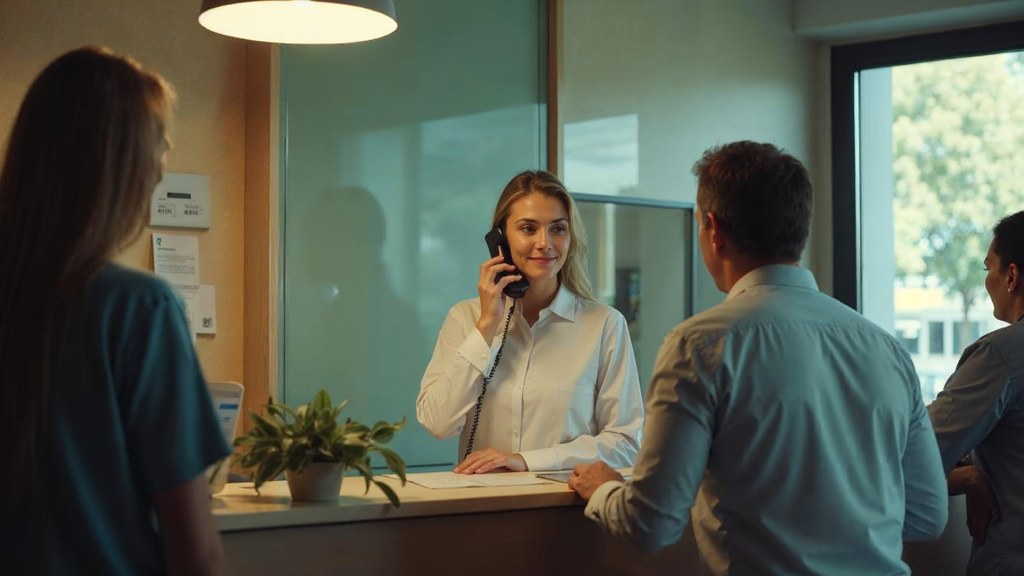 A clinic receptionist taking a phone call at a busy front desk with patients waiting, photographed in Nice