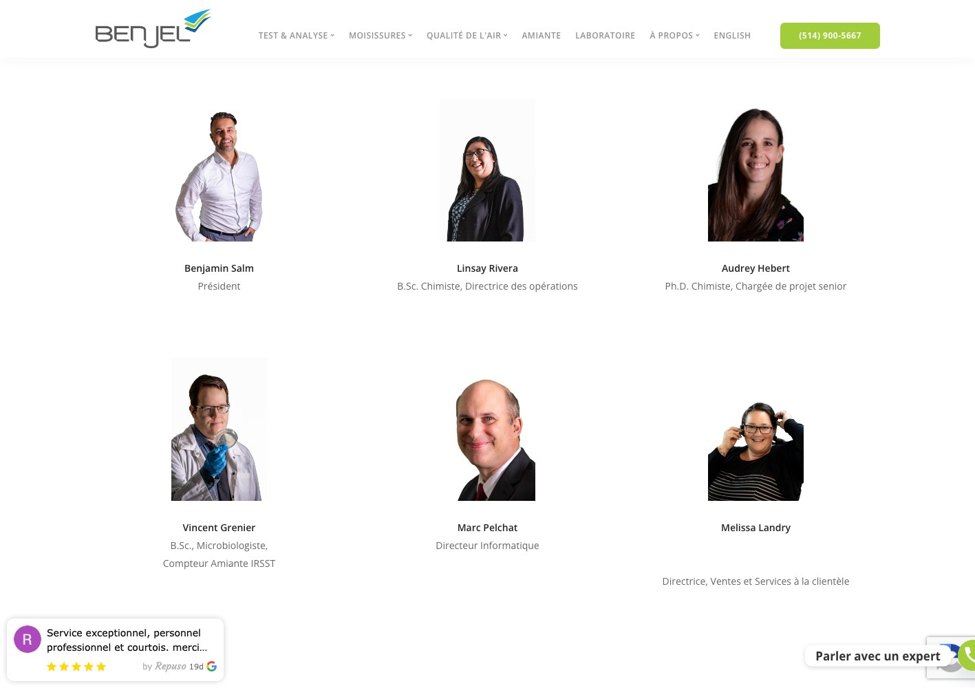 Benjel team profiles grid with names and specialisations