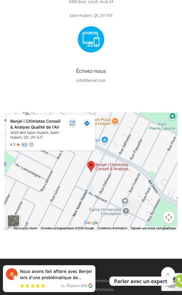 Benjel mobile contact page with address and map