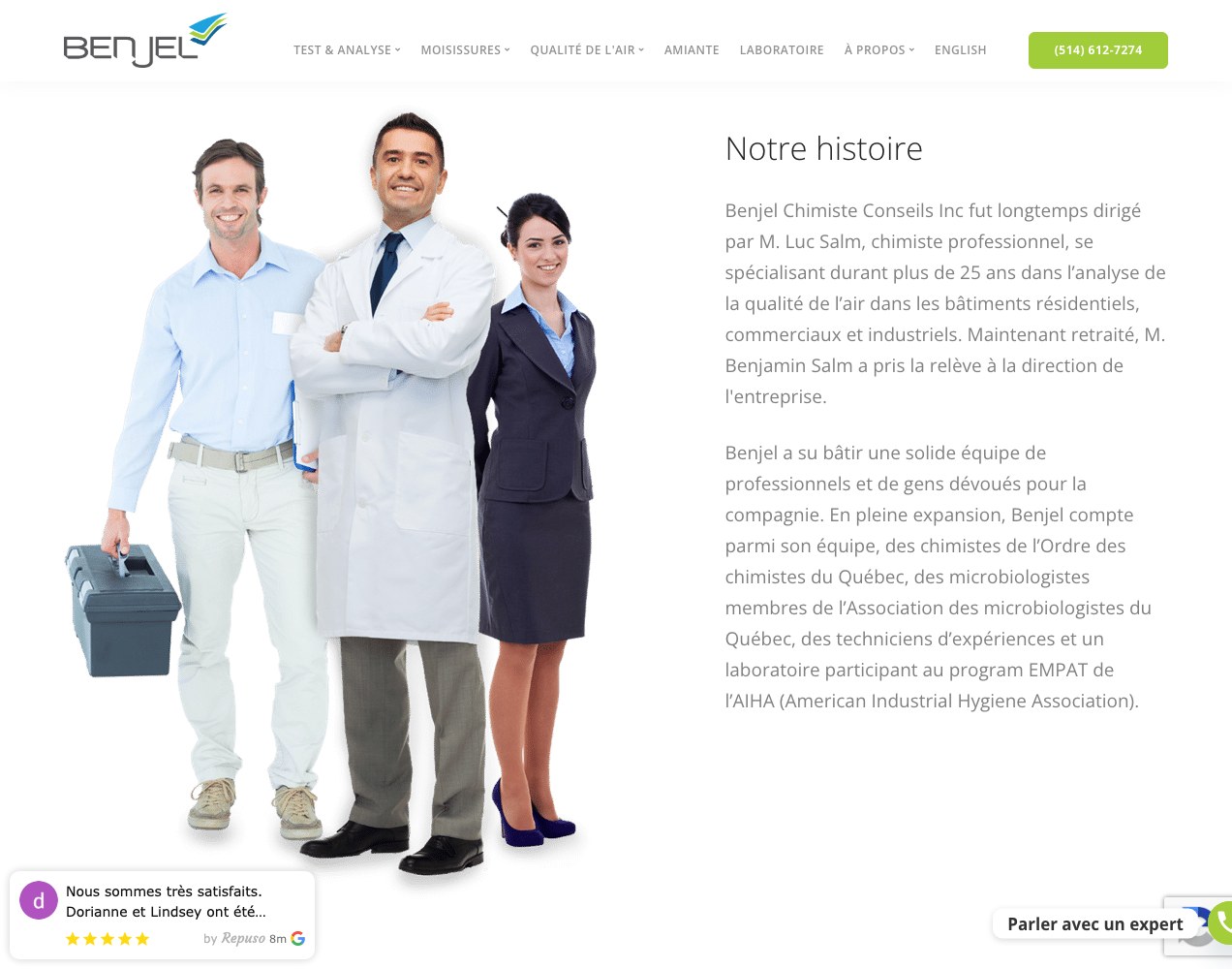 Benjel Notre histoire section with the full team photograph