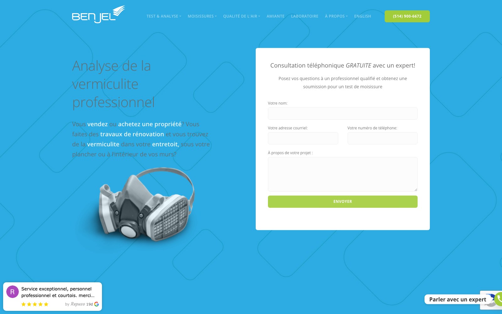 Benjel vermiculite analysis service page with the quote request form