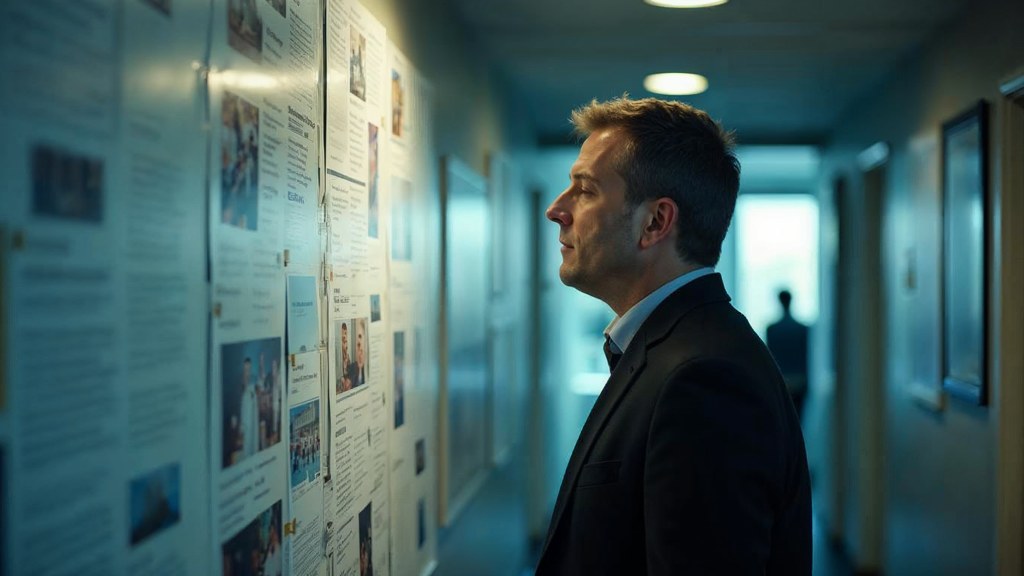 A media planner standing at a wall of printed layouts in a narrow agency corridor, photographed in New York City