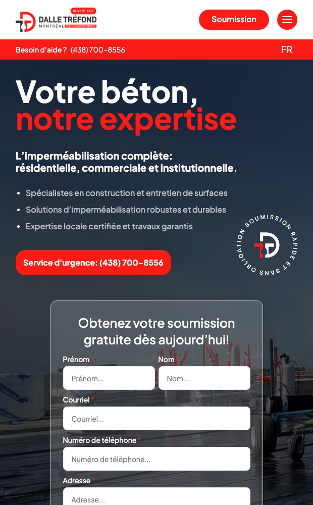 Dalle Trefond mobile hero with the quote form below the promise