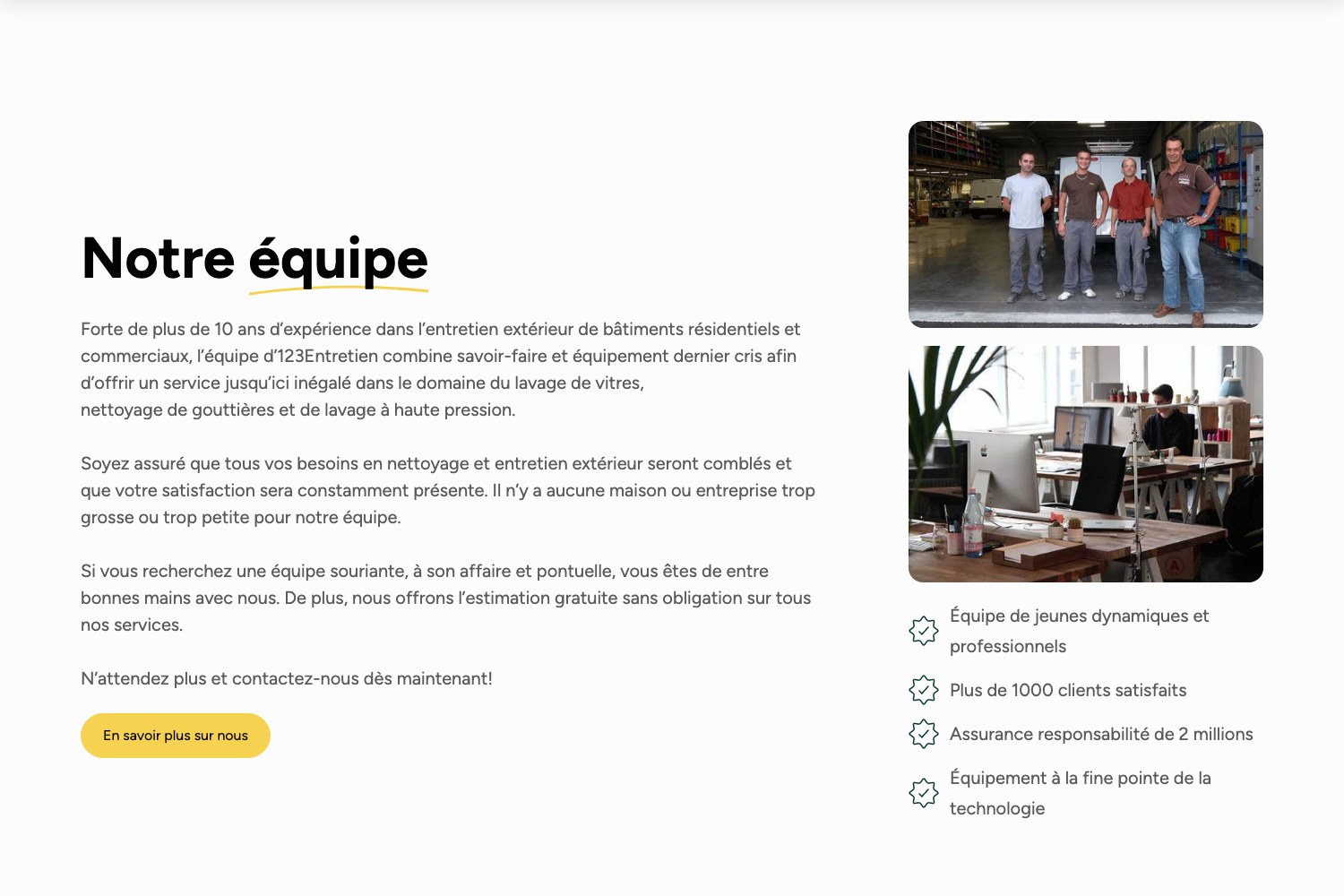 Notre équipe section with crew photography and the insurance and equipment claims
