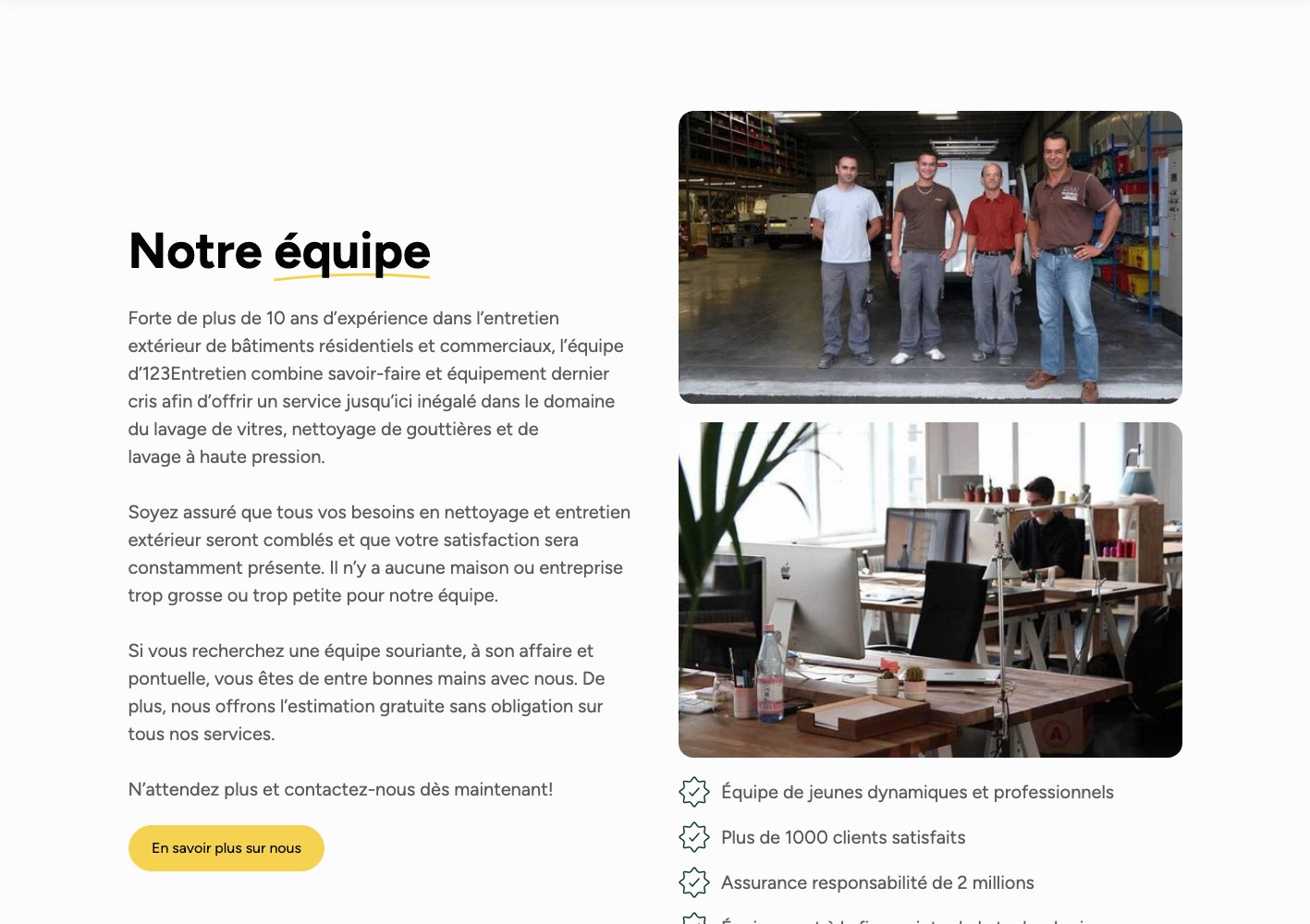 Team photographs stacked beside the Notre équipe copy and credibility list