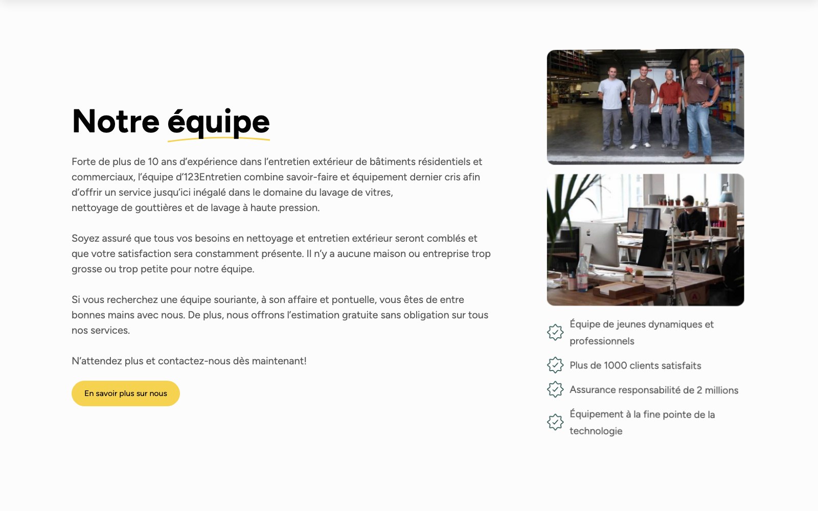 Notre équipe block listing the crew credentials beside team photographs