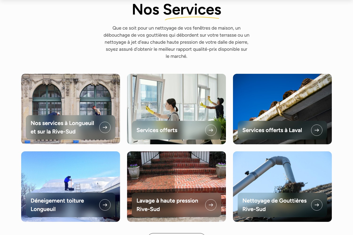 Nos Services tile grid covering the six service and city landing pages