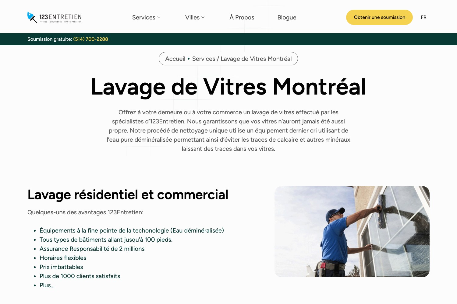 Lavage de Vitres Montréal service page with its residential and commercial inclusions