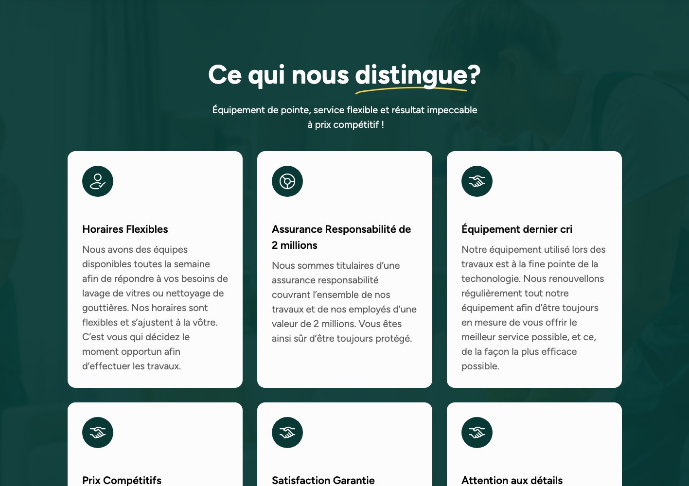 Ce qui nous distingue cards on flexible scheduling, liability cover and equipment