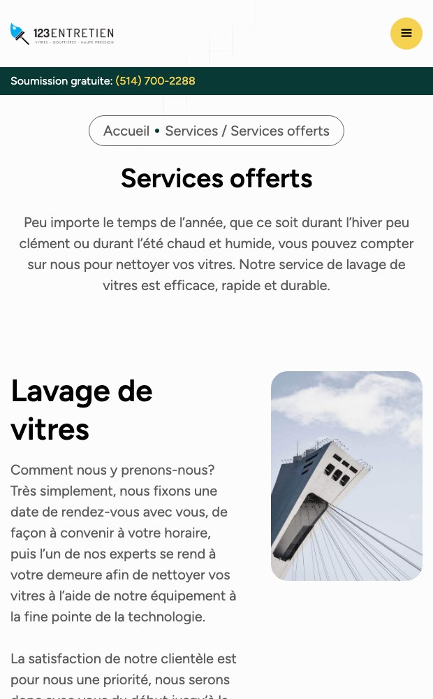 Mobile services offered page opening on the window washing section