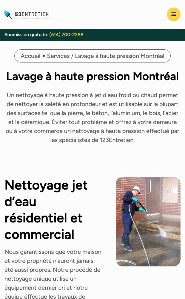 Mobile pressure washing service page with its breadcrumb and inclusion list