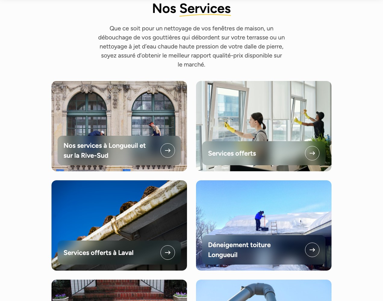 Nos Services grid of six photographic service tiles by city