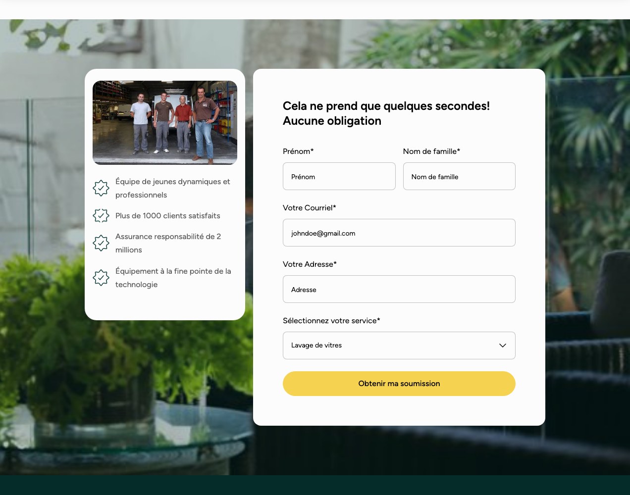 Quote request form with name, address and service picker beside the trust checklist