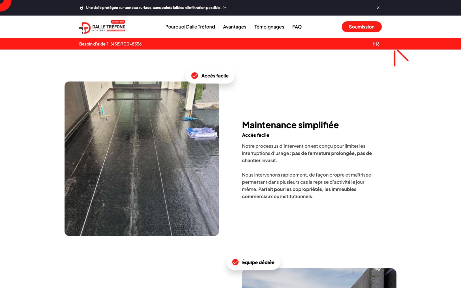 Dalle Trefond maintenance section with real waterproofing project photography