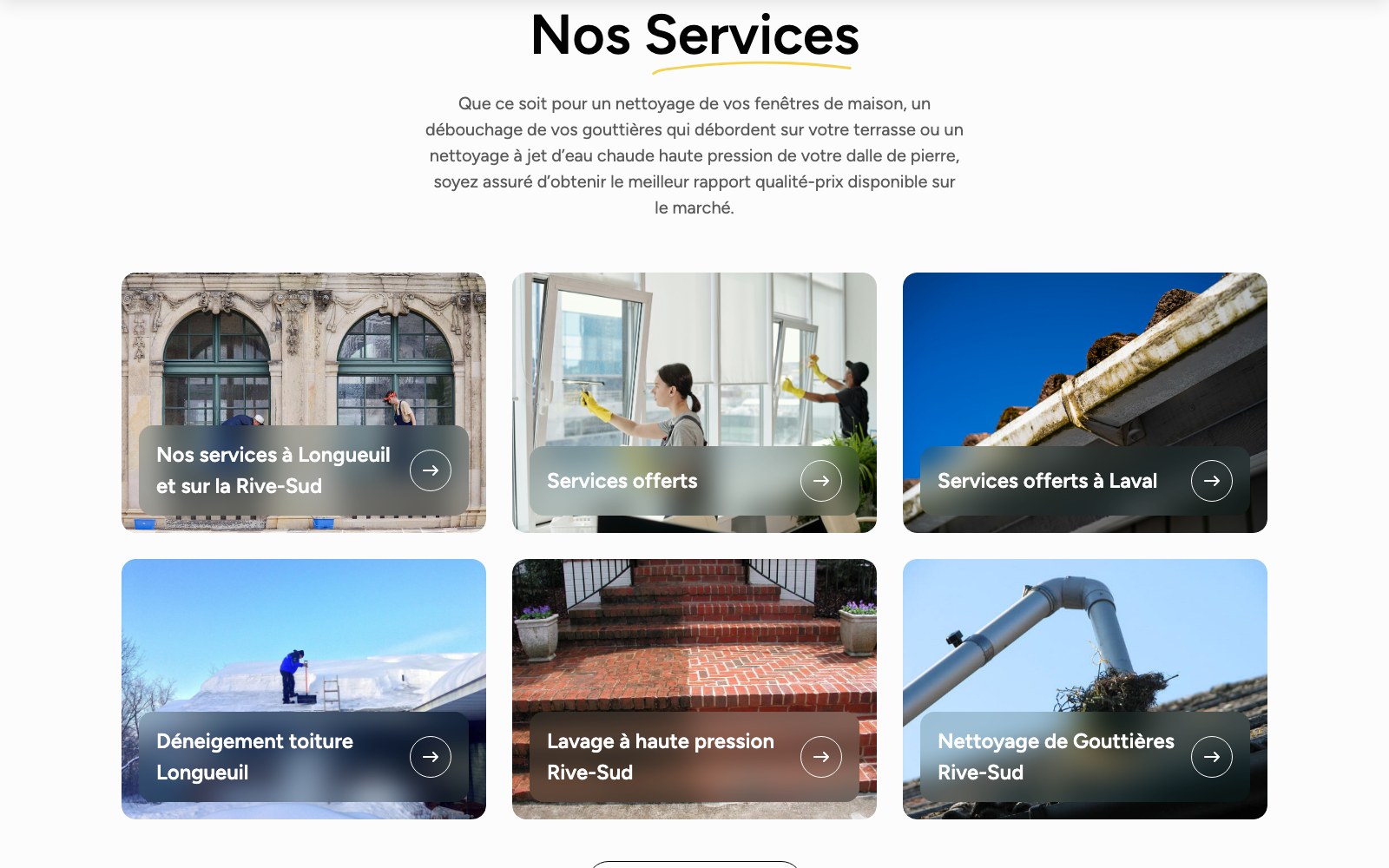 Nos Services tile grid linking each service to the cities it is offered in