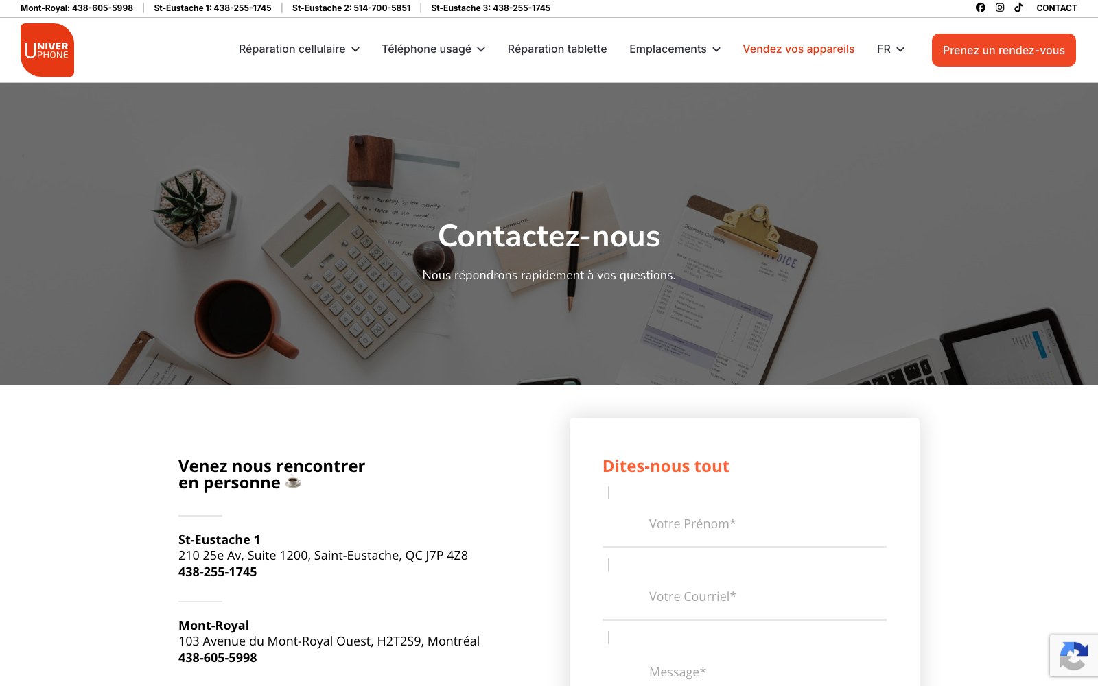 Univerphone contact page with the three store addresses and enquiry form