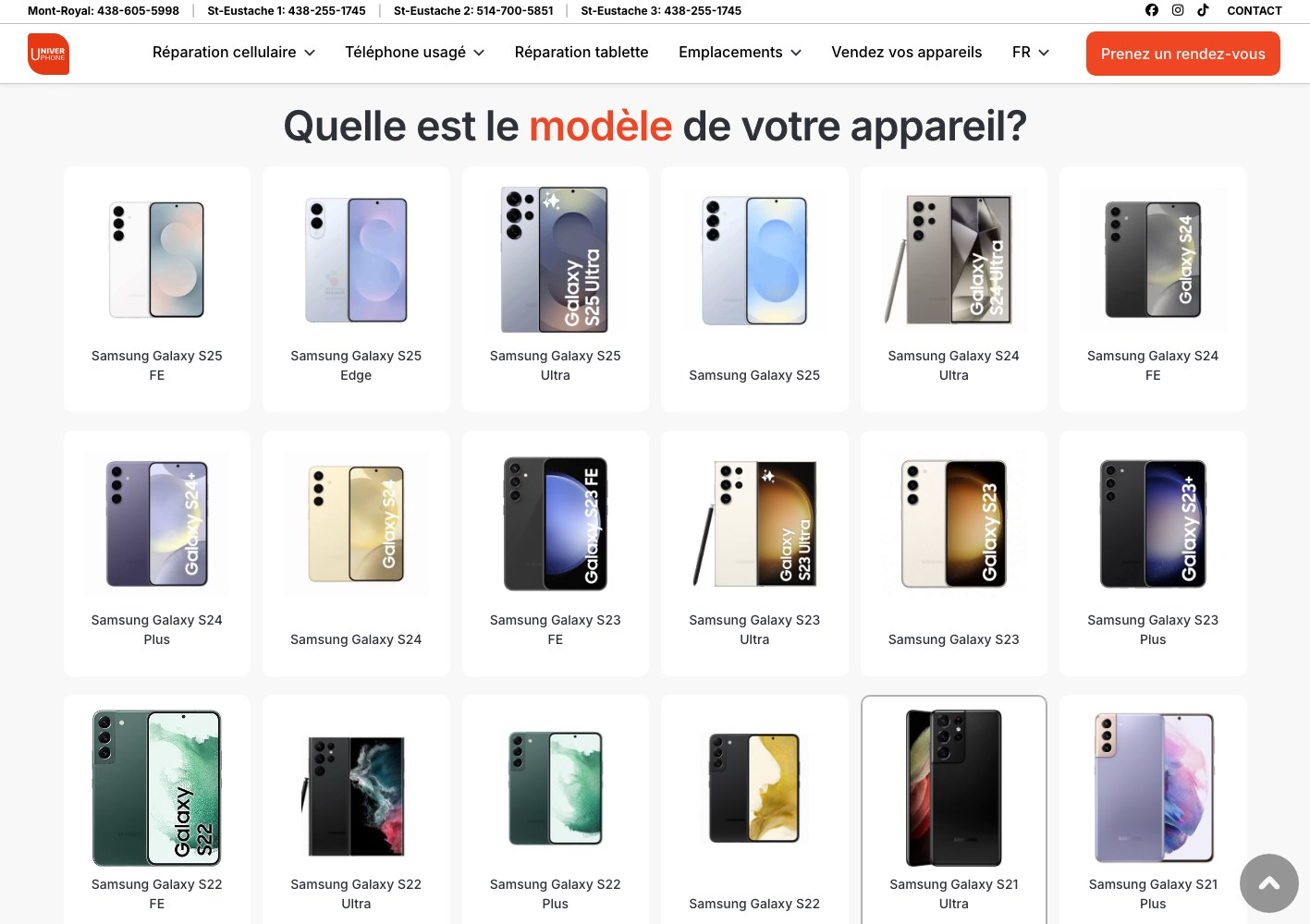 Samsung Galaxy model picker grid on the Samsung repair page