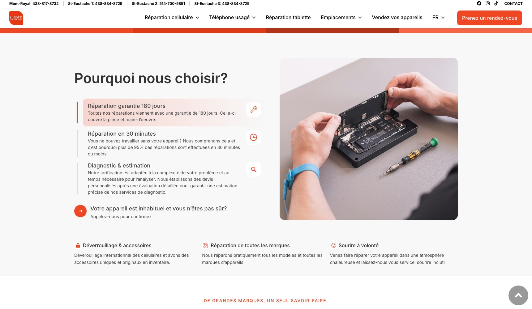 Why choose Univerphone: 180-day warranty, 30-minute repair and free diagnostic