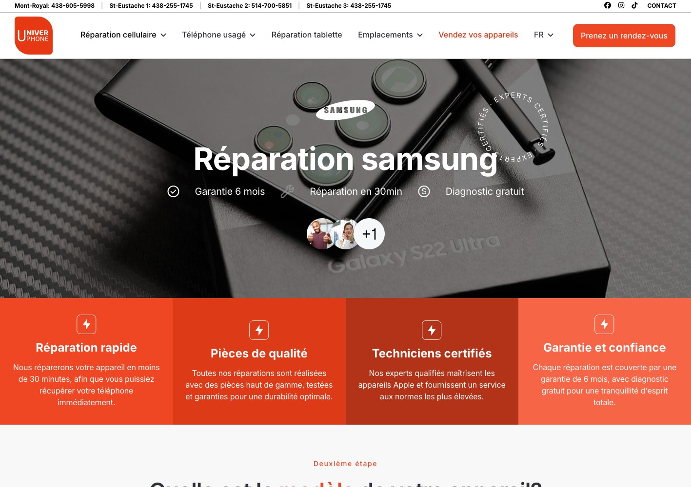 Samsung repair page hero with the six-month guarantee badges
