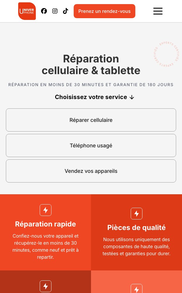 Mobile homepage: repair, used phone and sell-your-device buttons