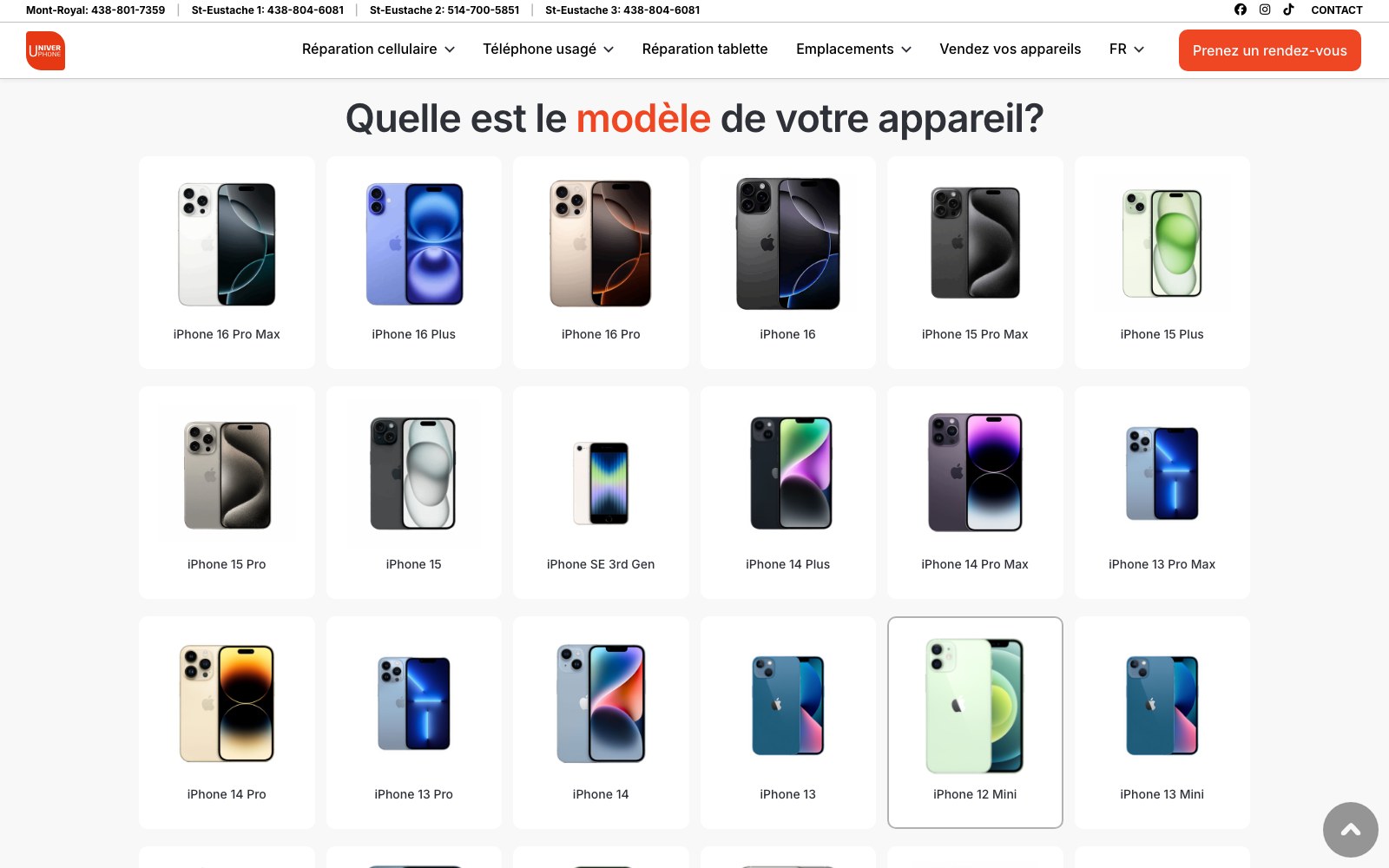 iPhone model picker grid on the iPhone repair page