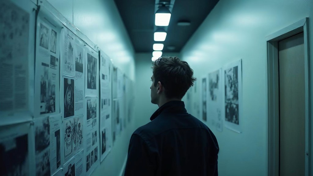 A media planner standing at a wall of printed layouts in a narrow agency corridor, photographed in Montreal