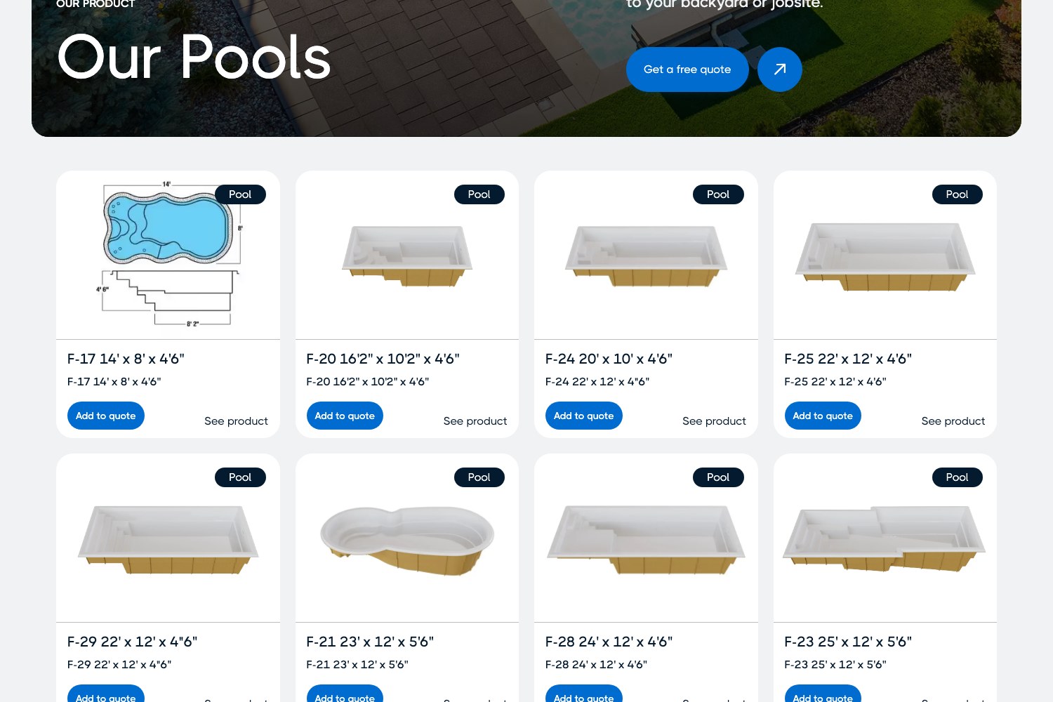 Fibro Our Pools catalogue grid with model dimensions
