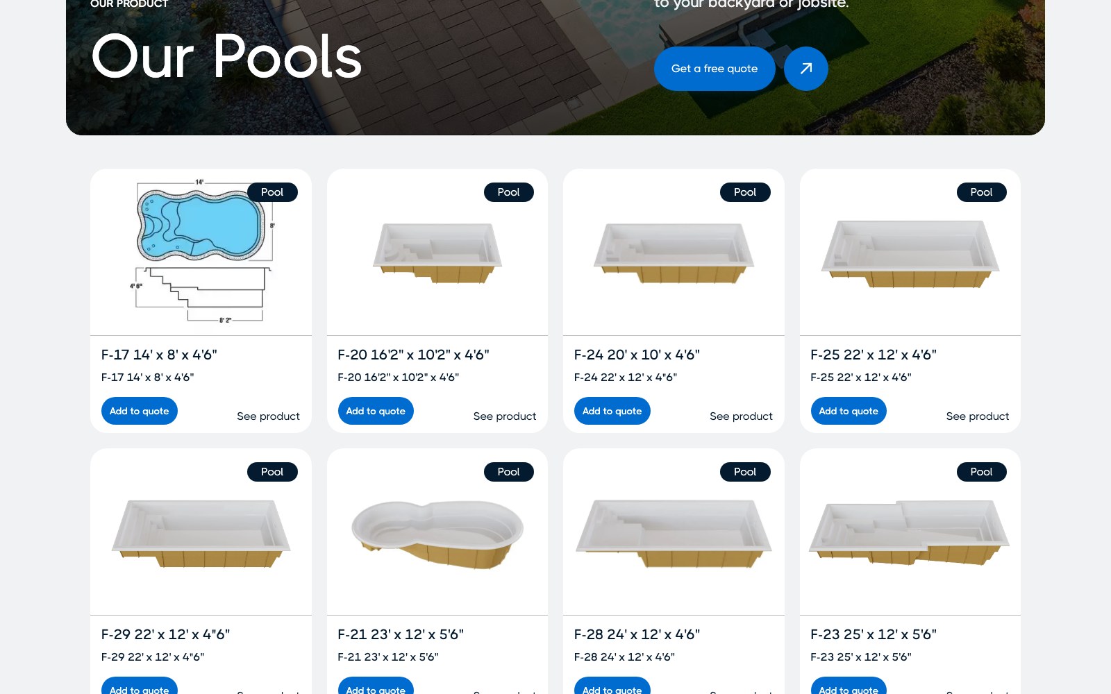 Fibro pool models grid with shell drawings and dimensions