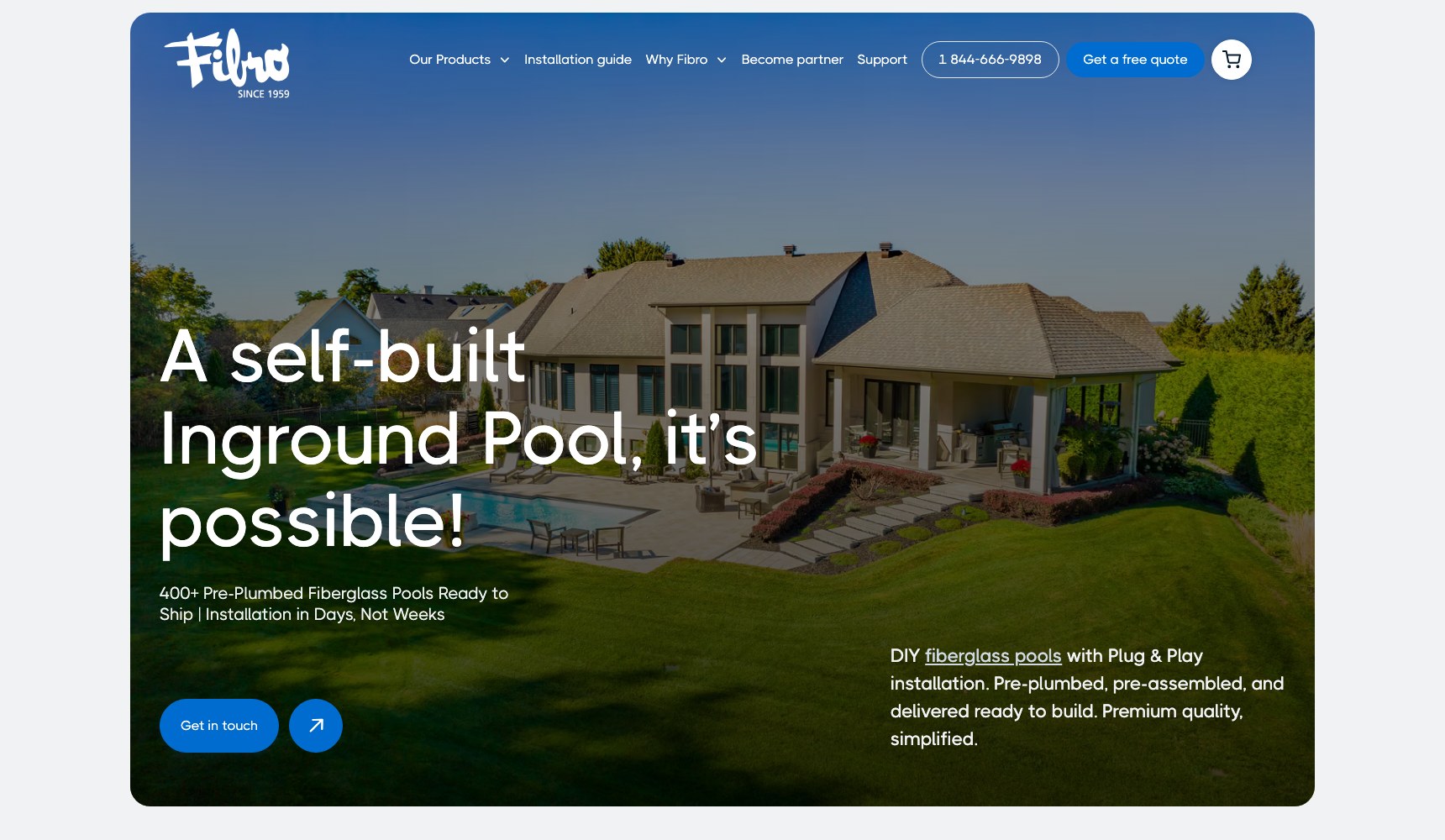 Fibro homepage hero at full width with the plug and play pool promise